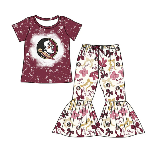 Preorder MOQ 5 Bleached feather top bow pants kids girls team clothes 8.27