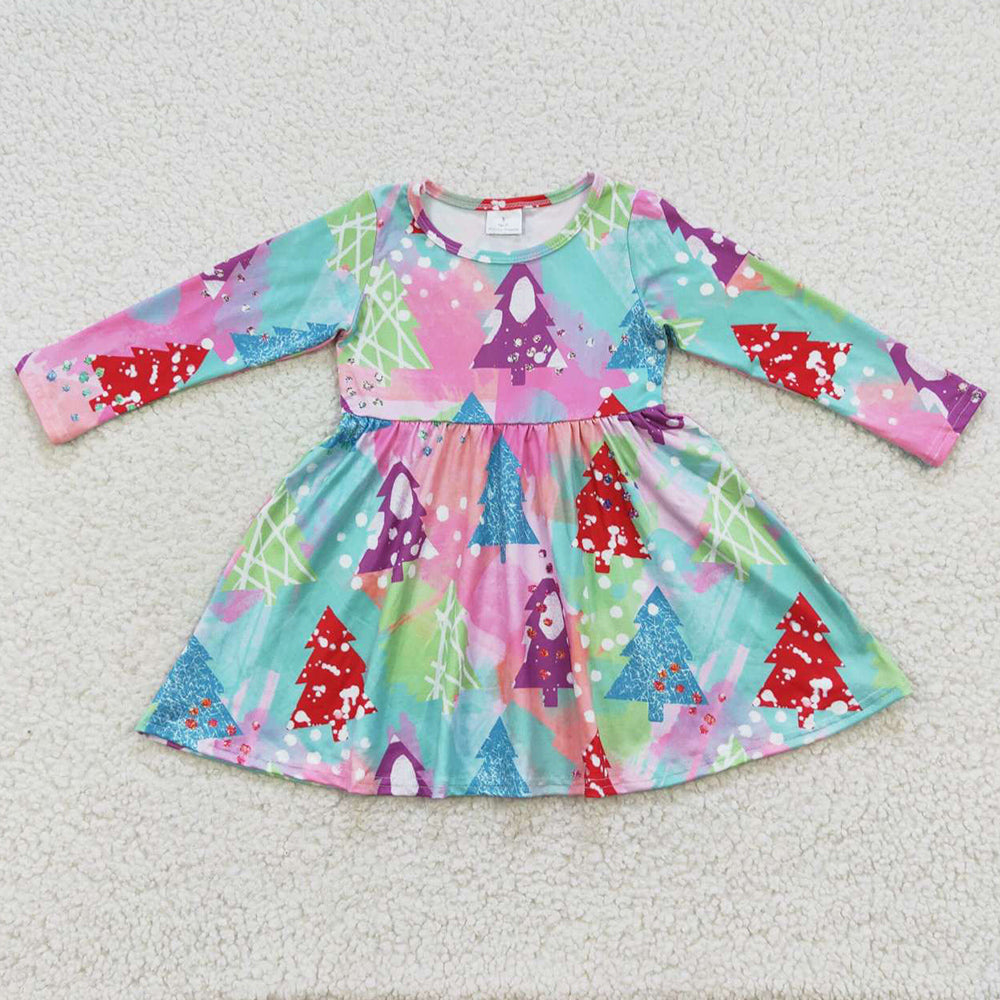 Christmas Tree Print Boutique Girls Dress Long Sleeve Dresses GLD0241