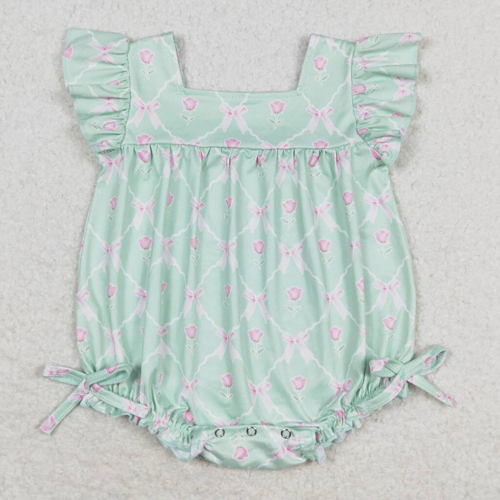 Baby Girls Rompers Green Bows Flutter Sleeve Summer Rompers SR1503