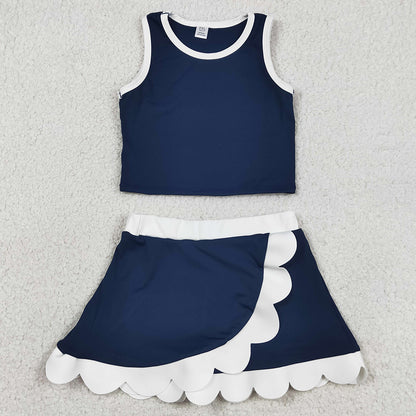 Baby Girls Clothes Sleeveless Navy White Vest Scallop Skirt Short Yoga Active Clothes Sets GSD4024