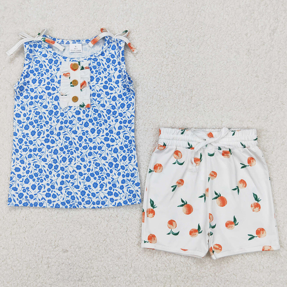 Baby Girls Clothes Blue Sleeveless Floral Button Top Peach Shorts Set GSSO2355