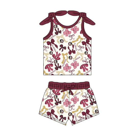 Preorder MOQ 5 pcs sleeveless feather bow top shorts girls team clothes 8.26