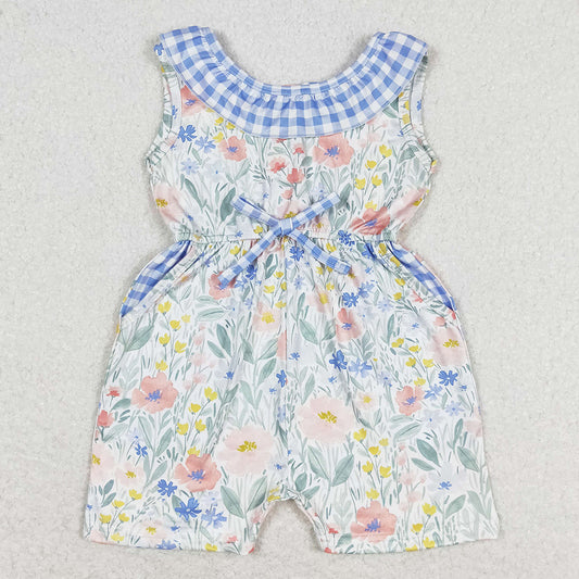 Baby Girls Jumpsuits Blue Flowers Checkered Shorts Jumpsuits SR1343