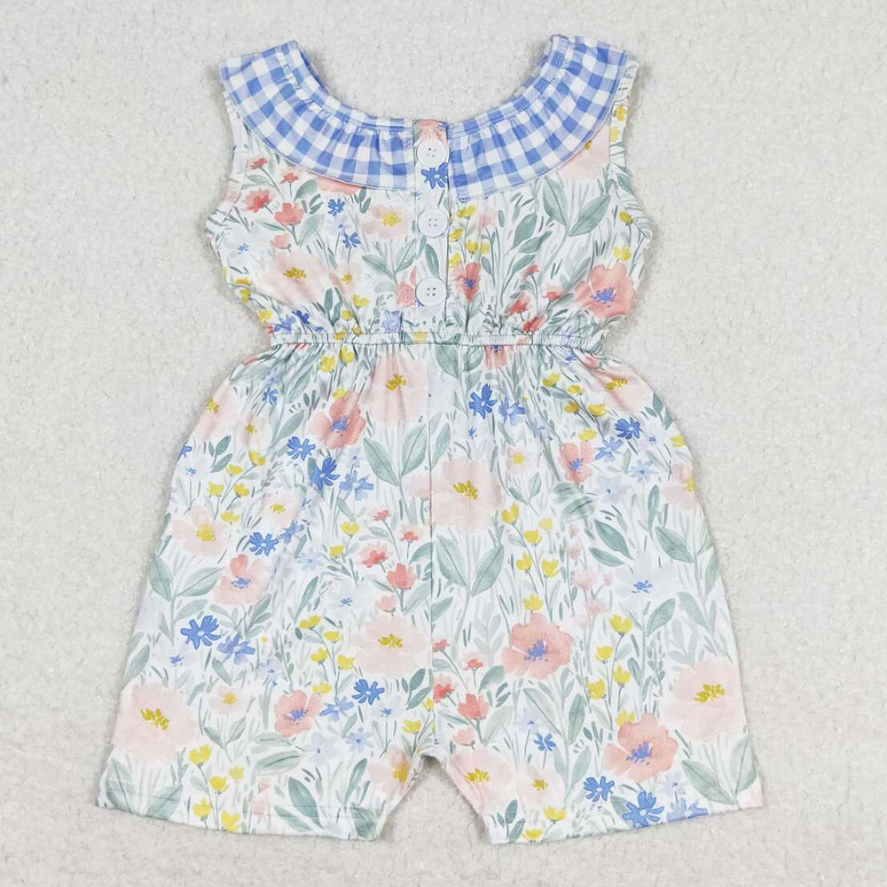 Baby Girls Jumpsuits Blue Flowers Checkered Shorts Jumpsuits SR1343