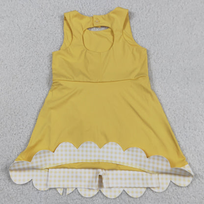 Baby Girls Dress Yellow Sleeveless Yoga Ruffle Shorts Bows Scallop Knee Length Dresses GSD3318
