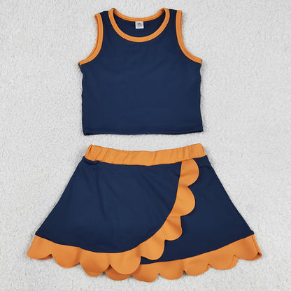 Baby Girls Clothes Sleeveless Navy Vest Scallop Skirt Short Yoga Active Clothes Sets GSD4017