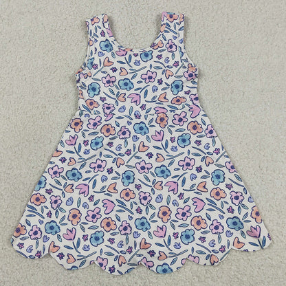 Baby Girls Clothes Colorful Flowers Back Bows Yoga Active Short Scallop Knee Length Dress GSD3808