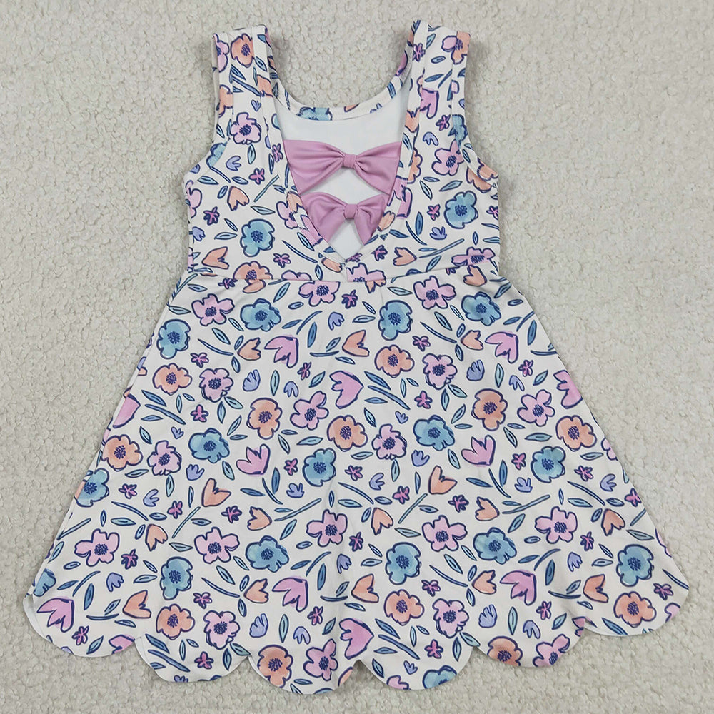 Baby Girls Clothes Colorful Flowers Back Bows Yoga Active Short Scallop Knee Length Dress GSD3808