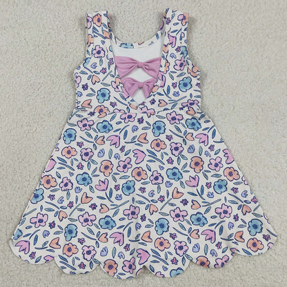 Baby Girls Clothes Colorful Flowers Back Bows Yoga Active Short Scallop Knee Length Dress GSD3808