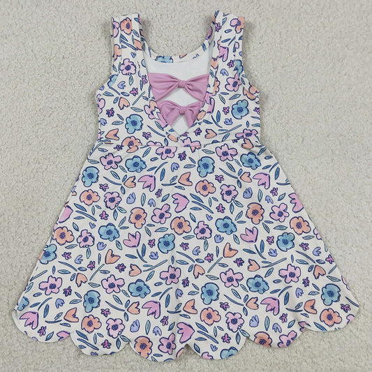 Baby Girls Clothes Colorful Flowers Back Bows Yoga Active Short Scallop Knee Length Dress GSD3808