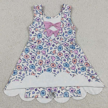 Baby Girls Clothes Colorful Flowers Back Bows Yoga Active Short Scallop Knee Length Dress GSD3808