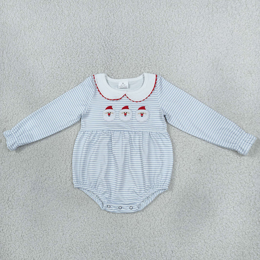 Baby Girls Rompers Embroidery Santa Blue Stripe Christmas Ruffle Rompers LR3136