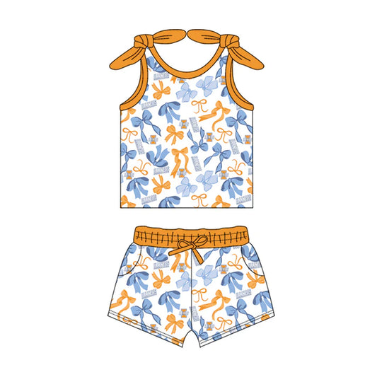 Preorder MOQ 5 pcs sleeveless I yellow bow top shorts girls team clothes 8.23