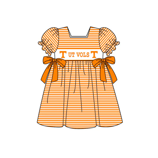 Preorder (moq 5)Baby Girls Orange T Ut Vols Stripe Bows Team Knee Length Dresses 12.27