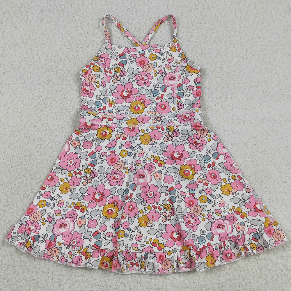 Baby Girls Dress Pink Strap Colorful Floral Yoga Active Ruffle Knee Length Dresses GSD2278