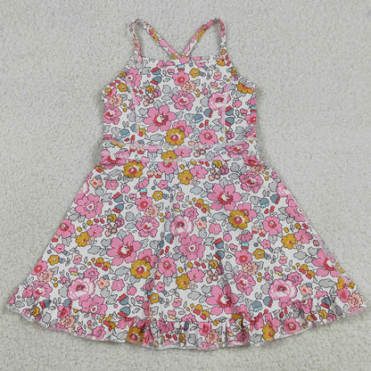 Baby Girls Dress Pink Strap Colorful Floral Yoga Active Ruffle Knee Length Dresses GSD2278