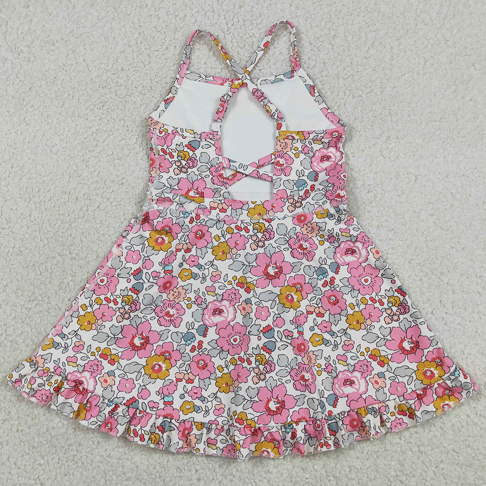 Baby Girls Dress Pink Strap Colorful Floral Yoga Active Ruffle Knee Length Dresses GSD2278