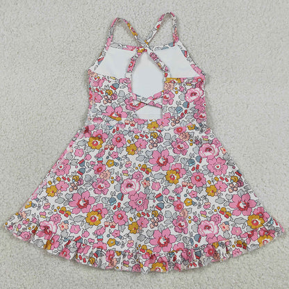 Baby Girls Dress Pink Strap Colorful Floral Yoga Active Ruffle Knee Length Dresses GSD2278