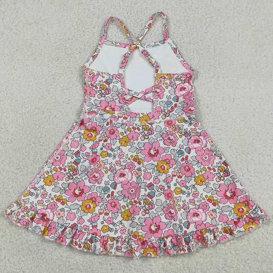 Baby Girls Dress Pink Strap Colorful Floral Yoga Active Ruffle Knee Length Dresses GSD2278