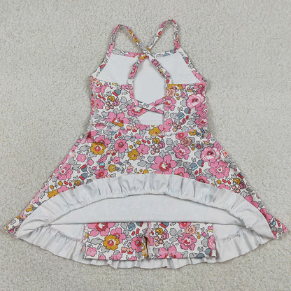 Baby Girls Dress Pink Strap Colorful Floral Yoga Active Ruffle Knee Length Dresses GSD2278