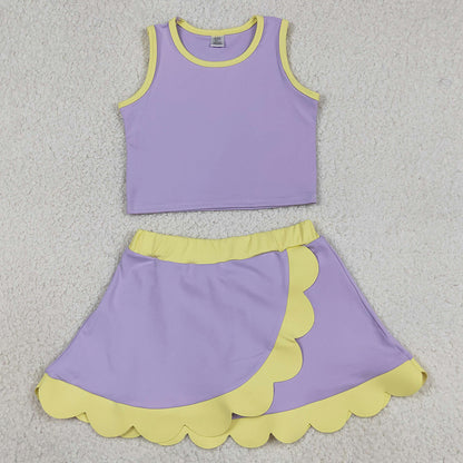 Baby Girls Clothes Lavender Yellow Vest Scallop Skirt Short Yoga Active Clothes Sets GSD4011
