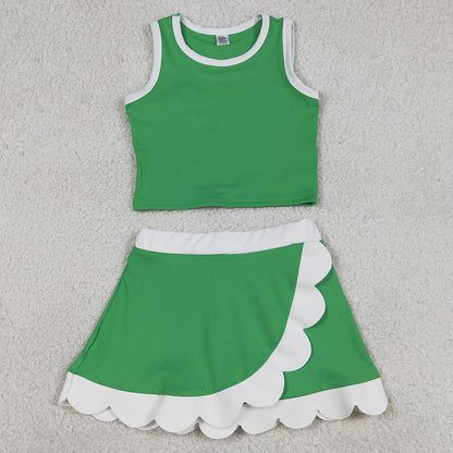 Baby Girls Clothes Sleeveless Green Vest Scallop Skirt Short Yoga Active Clothes Set GSD4025