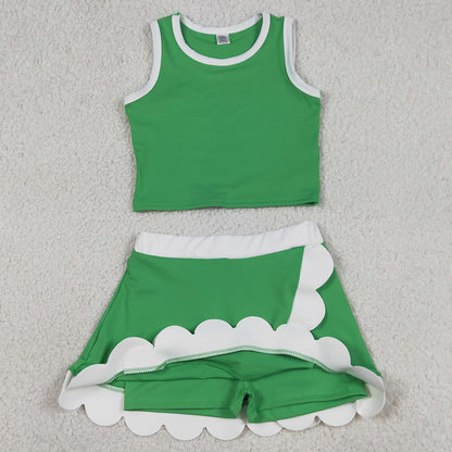 Baby Girls Clothes Sleeveless Green Vest Scallop Skirt Short Yoga Active Clothes Set GSD4025