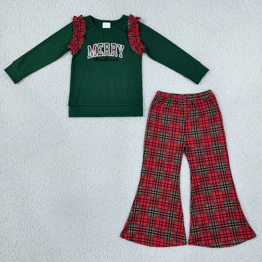 Baby Girls Clothes Embroidery Merry Green Red Checked Top Flare Pant Christmas Clothes Sets GLP3595
