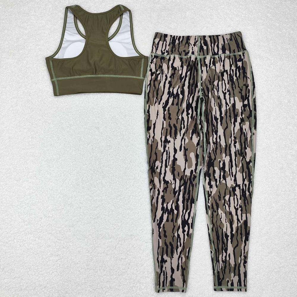 Adult Women Clothes Green Vest Top Camo Branches Pants Yoga Sports Clothes Sets GSPO1666