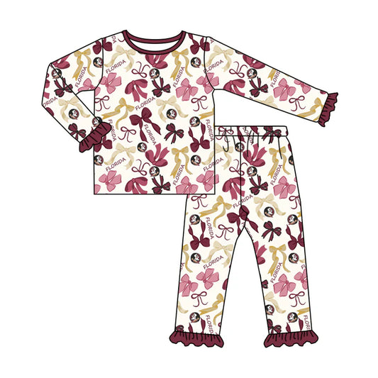 Preorder MOQ 5 Long sleeves feather bow kids girls team pajamas 8.27
