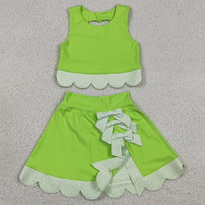 Baby Girls Clothes Green Sleeveless Vest Top Bows Skirt Shorts Yoga Active Scallop Clothes Sets GSD3322