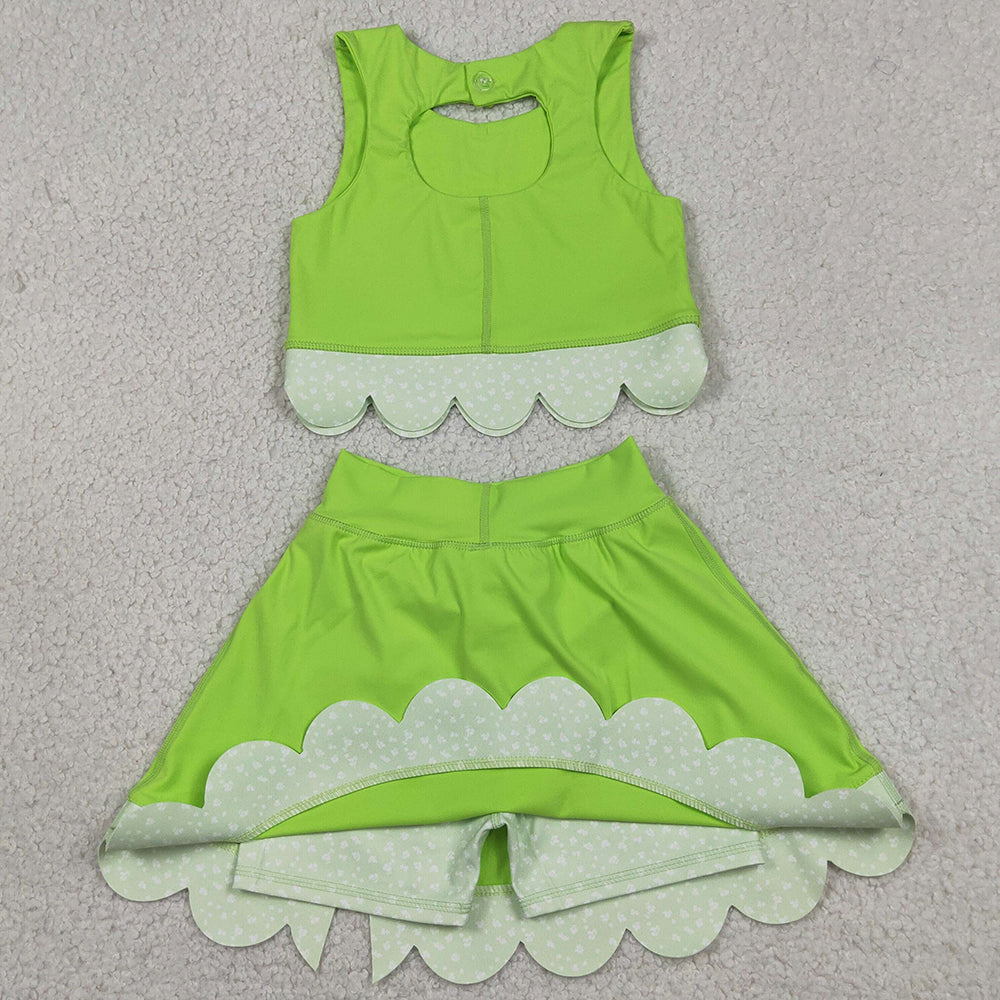 Baby Girls Clothes Green Sleeveless Vest Top Bows Skirt Shorts Yoga Active Scallop Clothes Sets GSD3322