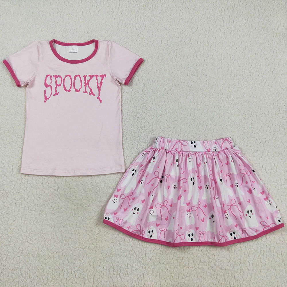 Baby Girls Clothes Pink Spooky Top Ghosts Bows Plaid Skorts Halloween Set GSD2776 8.16