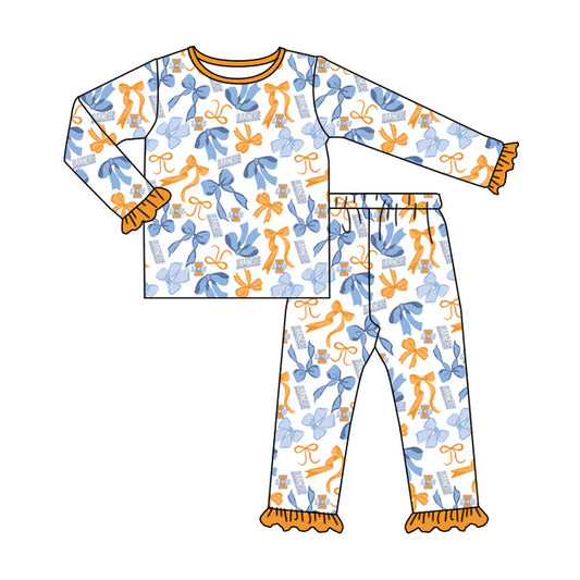 Preorder MOQ 5 Long sleeves I yellow blue bow kids girls team pajamas 8.25