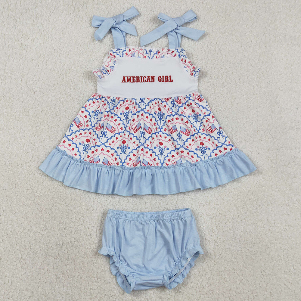 Baby Girls Clothes Embroidery American Girls Strap Flags Flowers Tunic Bummies 4th of July Romper Sets SR3648