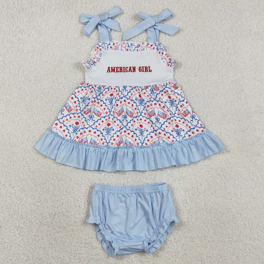 Baby Girls Clothes Embroidery American Girls Strap Flags Flowers Tunic Bummies 4th of July Romper Sets SR3648