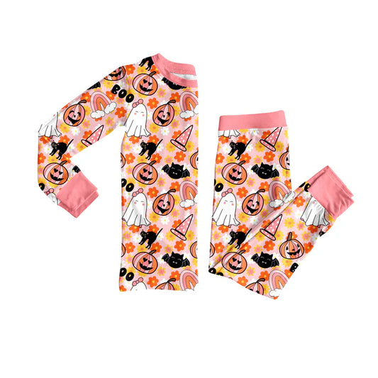 preorder(moq 5) Baby Girls Long Sleeves Flowers Ghost Pumpkins Top Pants Pajamas Set 7.25