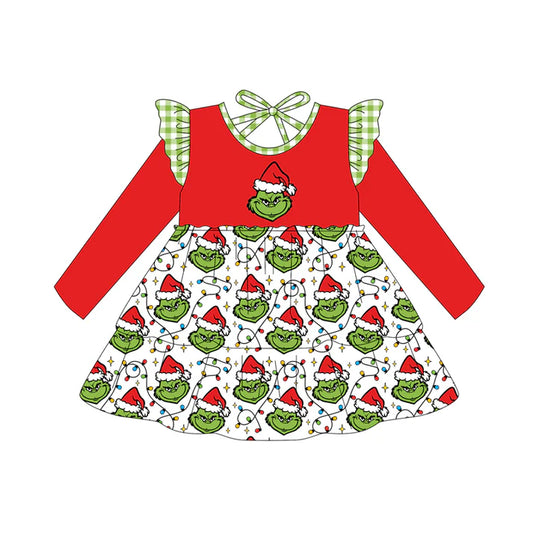 Preorder (moq 5)Baby Girls Grin Frog Christmas Ruffle Knee Length Dresses 8.14