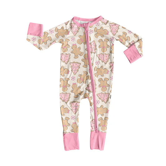 Preorder (moq 5)Baby Girls Long Sleeves Pink Bows Gingerbread Trees Zipper Pant Romper 7.5