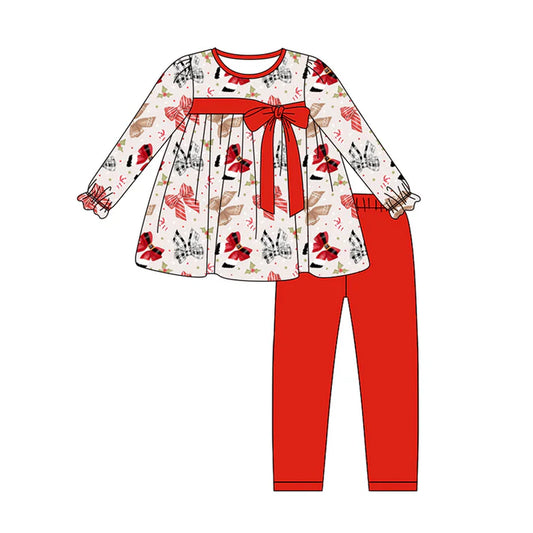 Preorder (moq 5)Baby Girls Long Ruffle Sleeves Colorful Bows Tunic Red Legging Pant Sets 5.29
