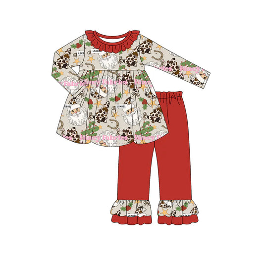 Preorder (moq 5)Baby Girls Long Sleeves Santa Leopard Trees Tunic Red Ruffle Pant Sets 6.13