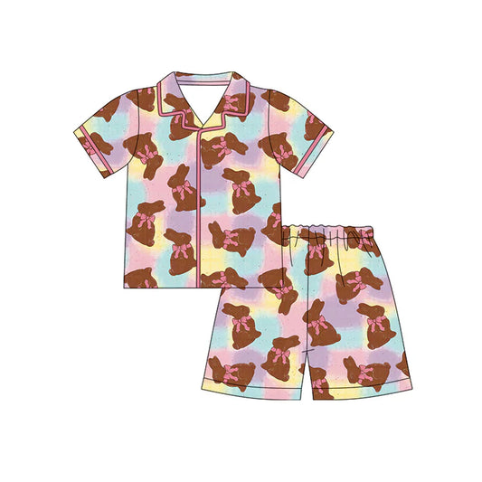 Preorder (moq 5)Baby Girls Colorful Checked Bows Rabbits Button Top Shorts Easter Pajamas Sets 12.12