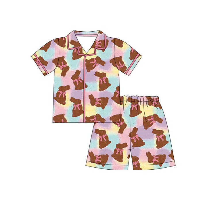 Preorder (moq 5)Baby Girls Colorful Checked Bows Rabbits Button Top Shorts Easter Pajamas Sets 12.12
