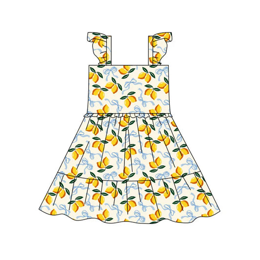 Preorder(moq 5) Baby Girls Bows Lemons Plaid Patchwork Knee Length Dresses 10.17