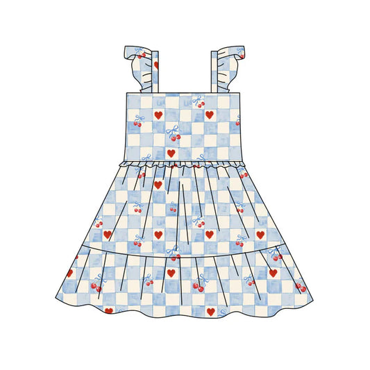 Preorder(moq 5) Baby Girls Blue Checked Hearts Cherry Patchwork Knee Length Dresses 10.17
