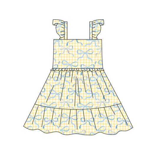 Preorder(moq 5) Baby Girls Yellow Checked Bows Patchwork Knee Length Dresses 10.17