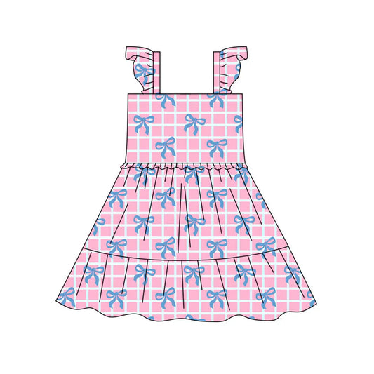 Preorder(moq 5) Baby Girls Pink Checked Bows Patchwork Knee Length Dresses 10.17