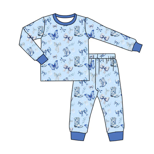 Preorder (moq 8)Baby Boys Blue Boots Butterfly Top Pants Pajamas Sets 9.20
