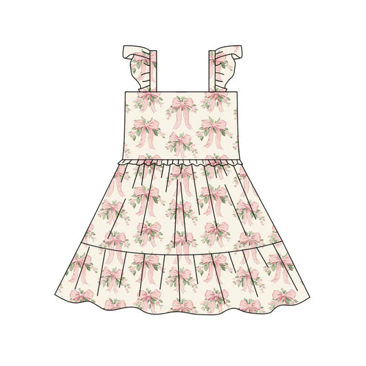 Preorder(moq 5) Baby Girls Pink Flowers Bows Patchwork Knee Length Dresses 10.17