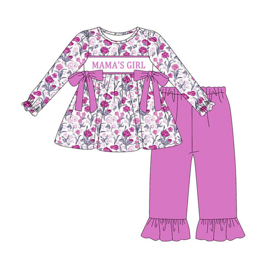 Preorder(moq 8)Baby Girls Hot Pink Flowers Bows Mama's Girl Tunic Ruffle Pants Clothes Sets 9.27
